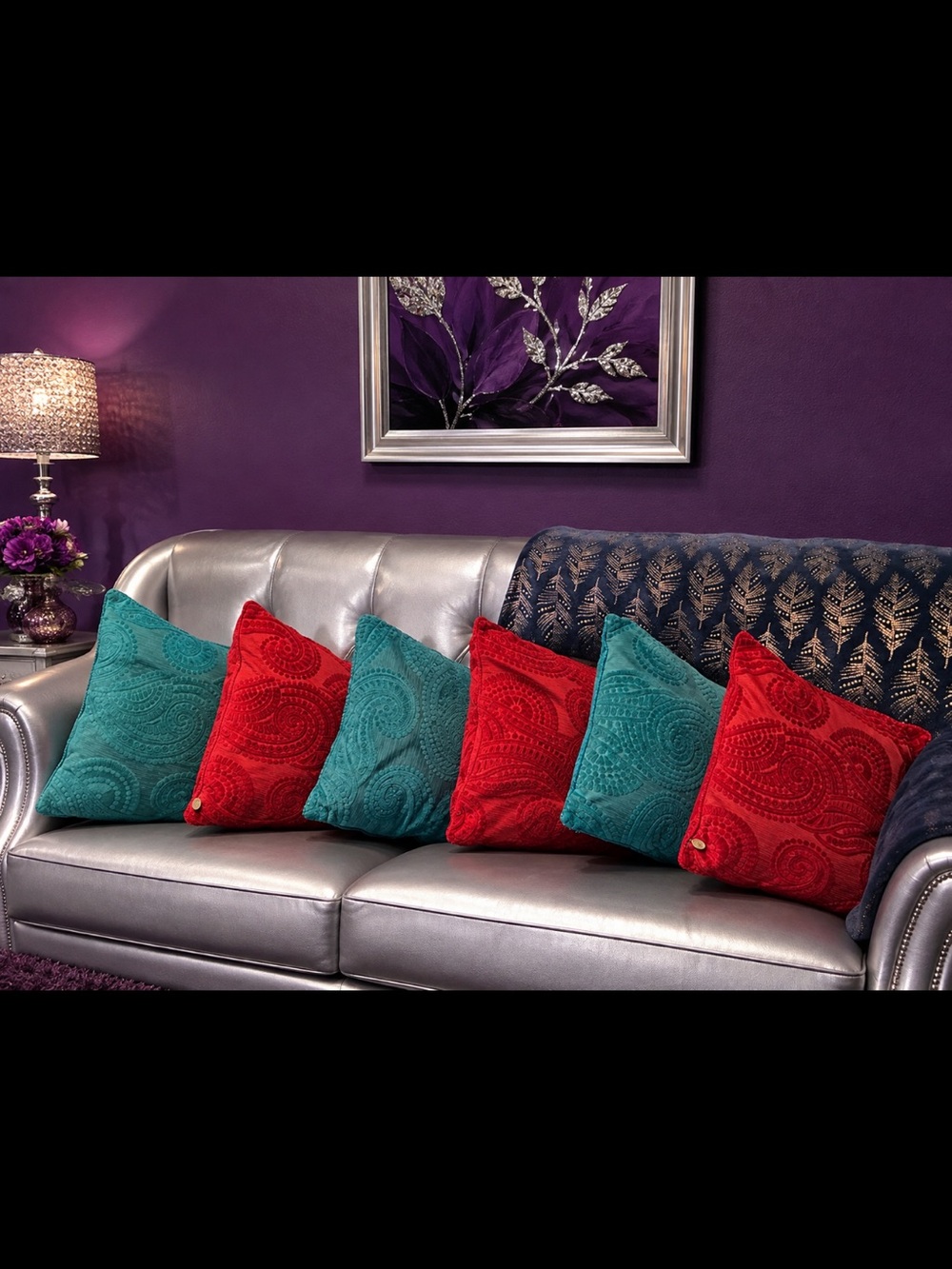 Decorative Red and Teal Velvet Throw Pillows - Set of 6